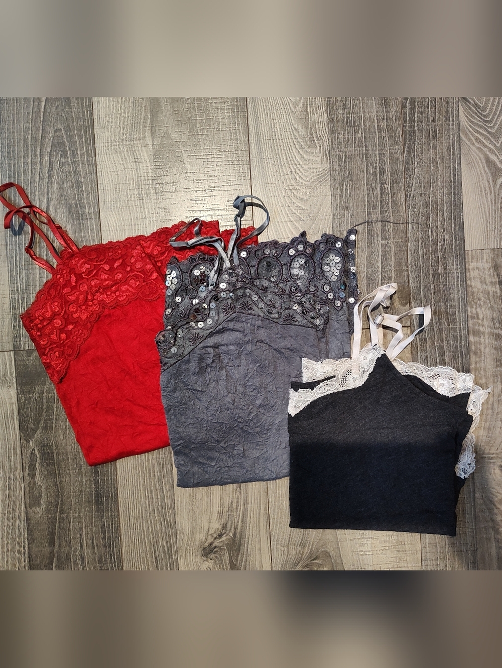 Three Lace Trim Spaghetti Tank Tops - Red, Gray, and Dark Gray